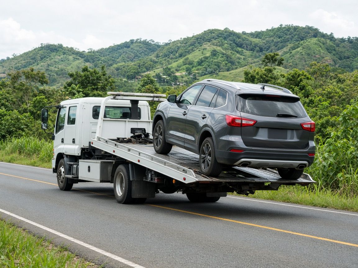Grúa plancha cargando una camioneta en una carretera de Panamá